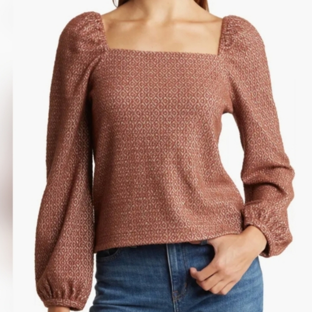 Madewell Mauve Brown Patterned Long Sleeve Square Neck Top